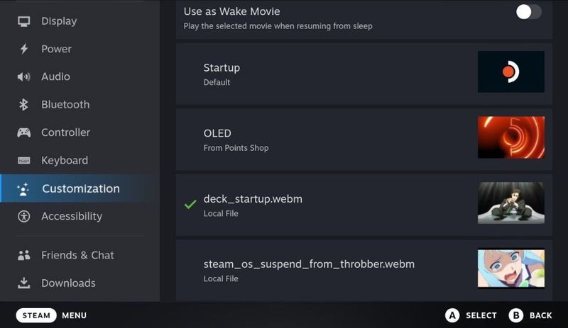 تحديد ملف deck_startup.webm في إعدادات التخصيص