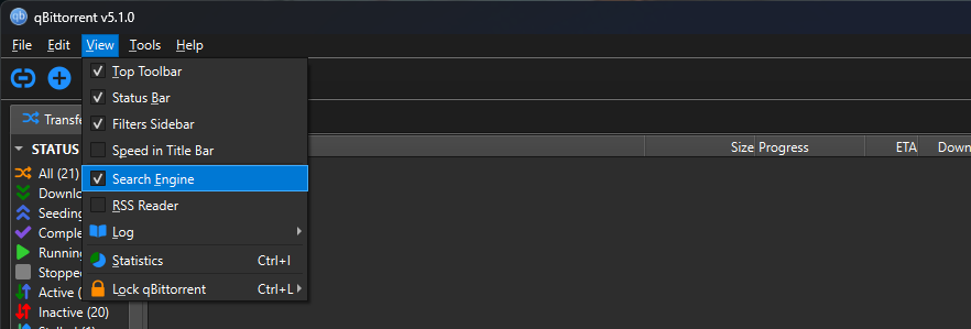 تفعيل خيار البحث في qbittorent