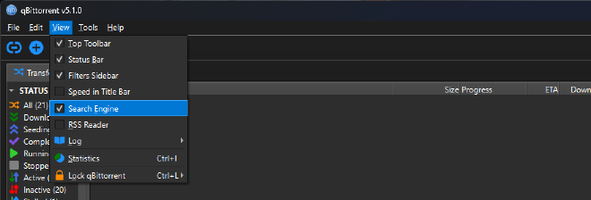 تفعيل خيار البحث في qbittorent